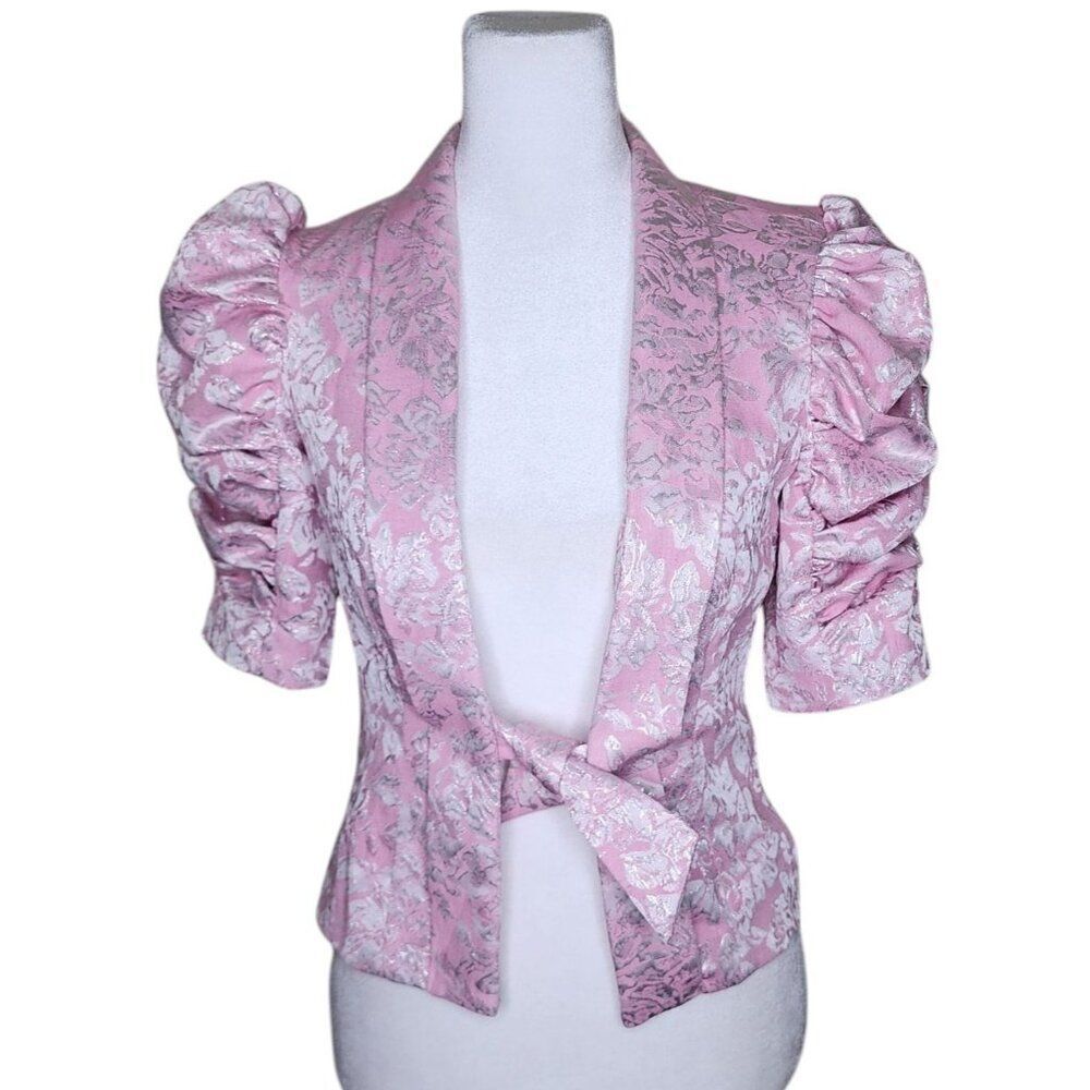 Betsey Johnson Blazer Tie Front Puffy Sleeve Womens Size 0 Pink Silver